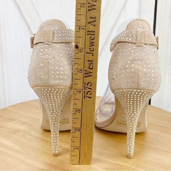 Anne Michelle Enzo Rhinestone Faux Suede Strappy Heels Tan Open Toe 7.5 - Picture 13 of 13